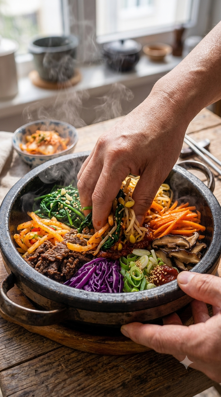 Main mélangeant le riz, les légumes et la sauce gochujang dans le bol en pierre