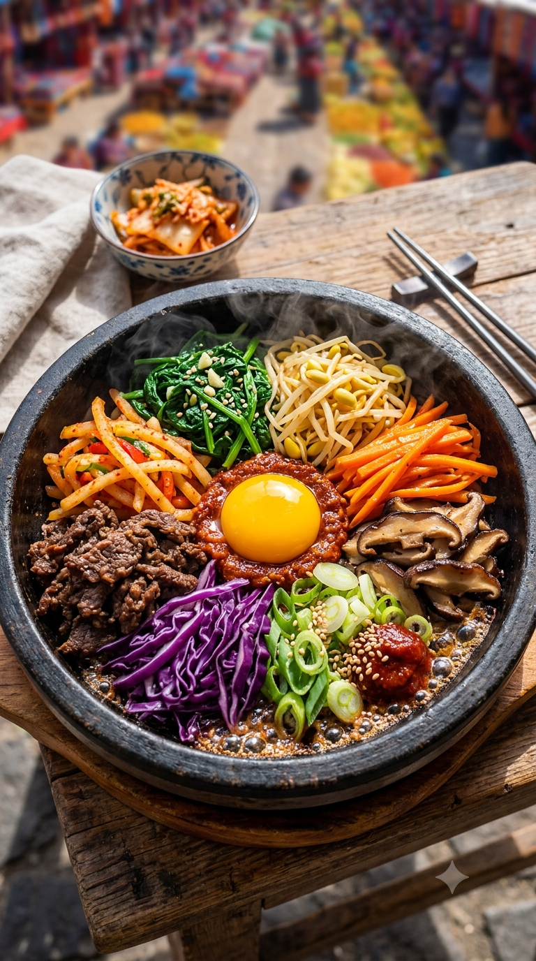 Bibimbap dolsot fumant, légumes disposés en éventail