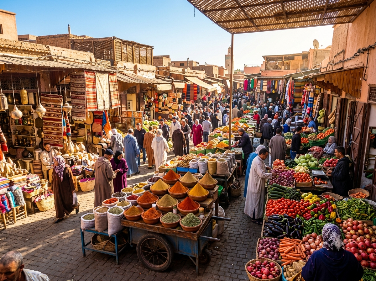 Marché coloré de Marrakech avec étals d’épices et de légumes