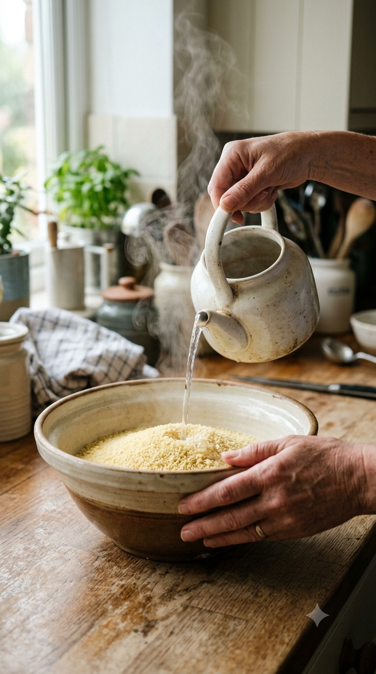 Main versant de l’eau chaude sur de la semoule de couscous sèche