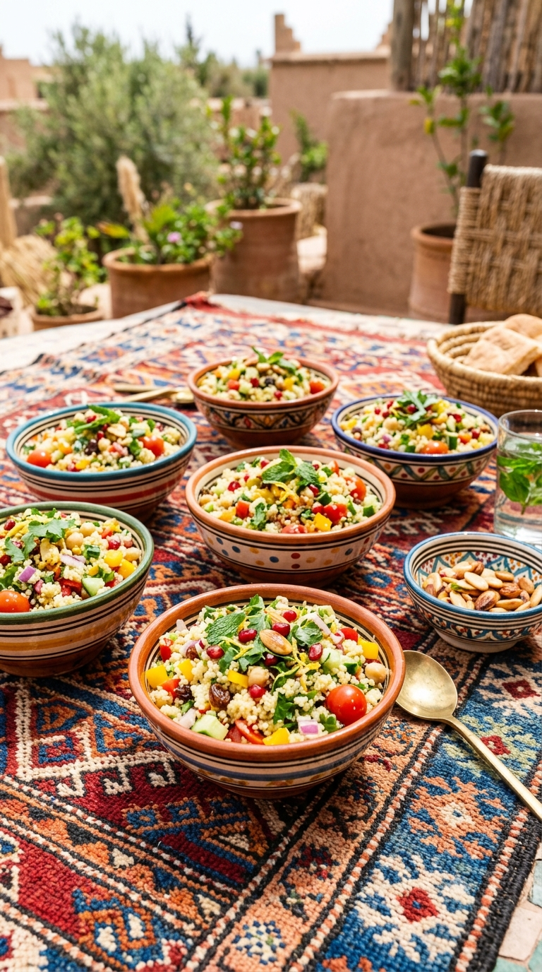 Petits bols en terre cuite colorée remplis de salade de couscous sur un tissu marocain