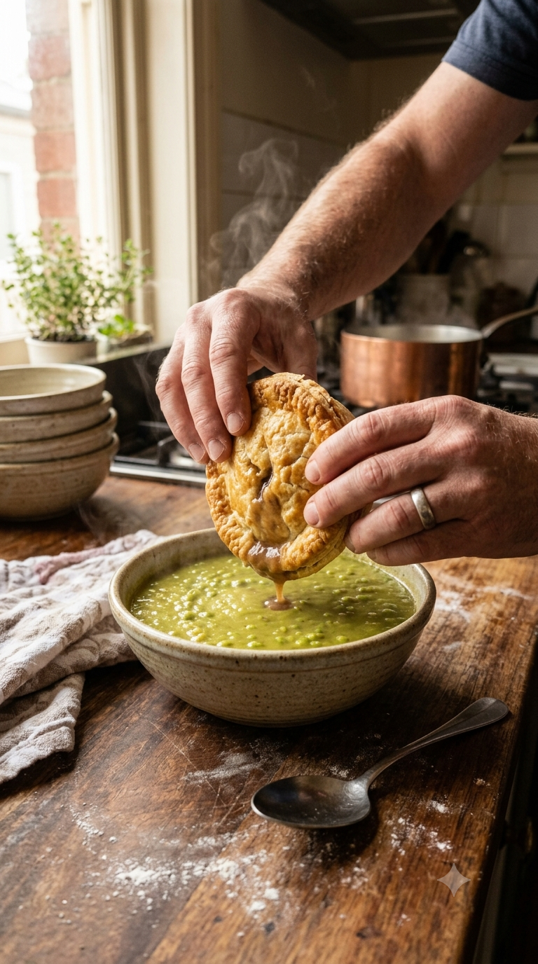 Mains renversant une tourte à la viande dans un bol de soupe aux pois