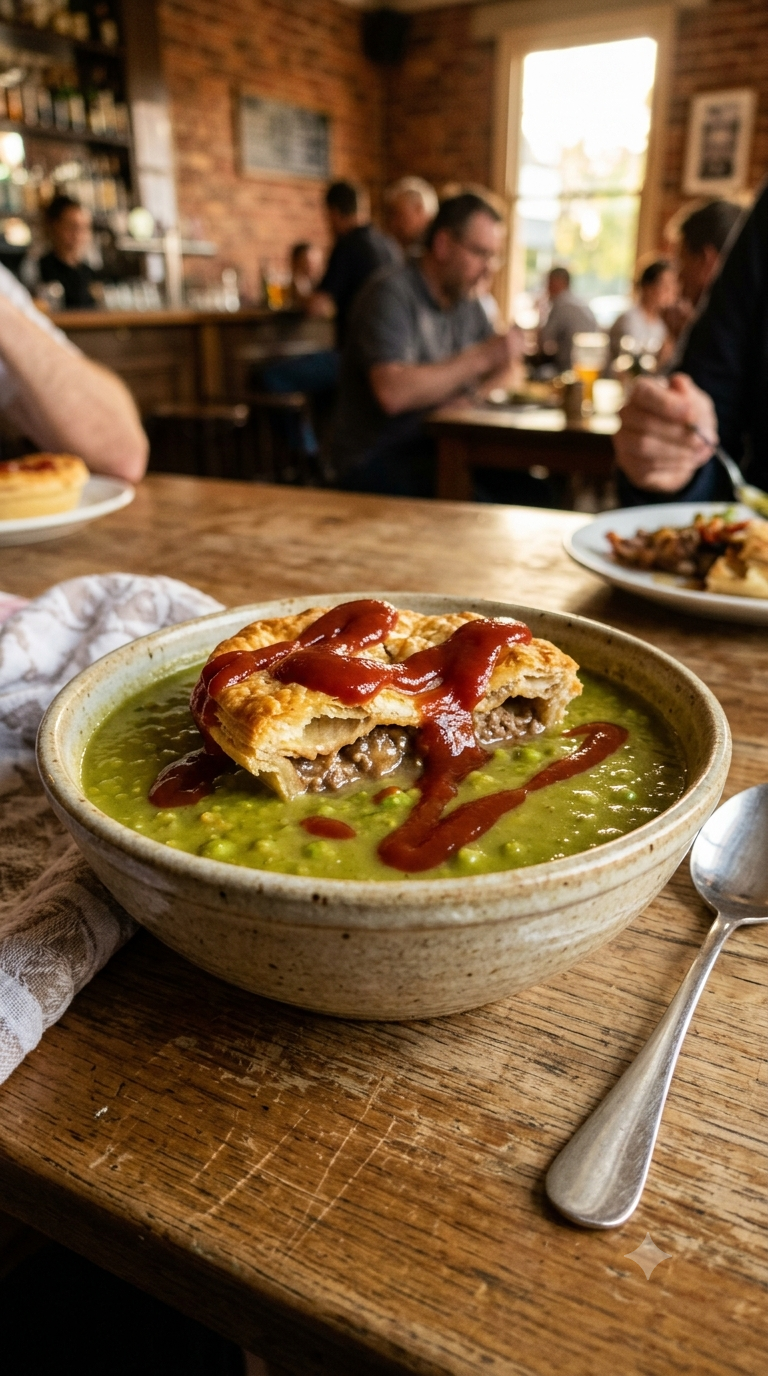 Flotteur à tarte australien, tourte renversée dans une soupe aux pois