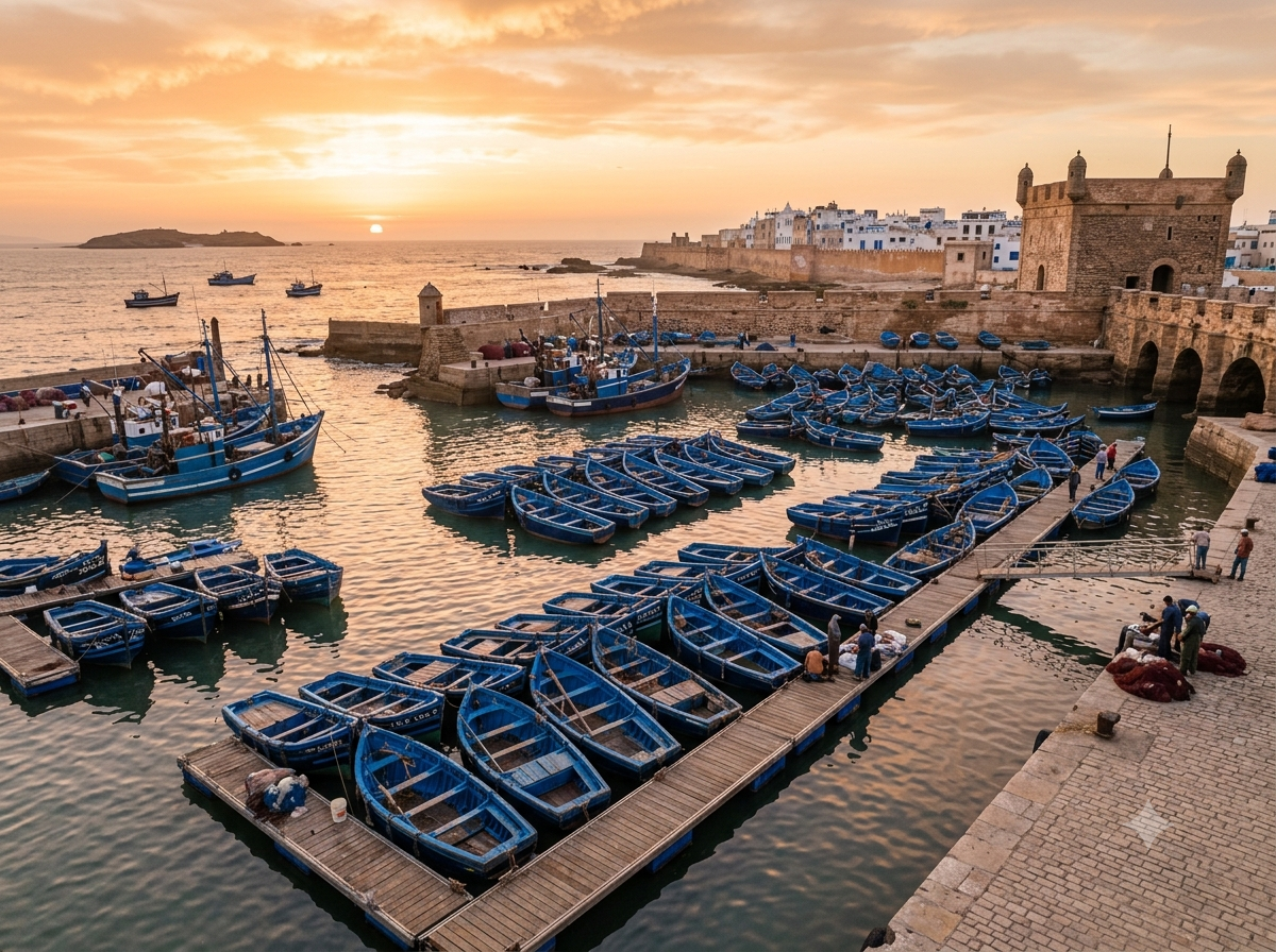 Port de pêche d’Essaouira avec bateaux bleus traditionnels
