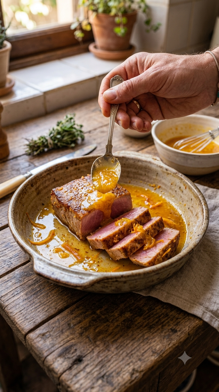 Main arrosant un pavé de thon d’une marinade au jus d’orange