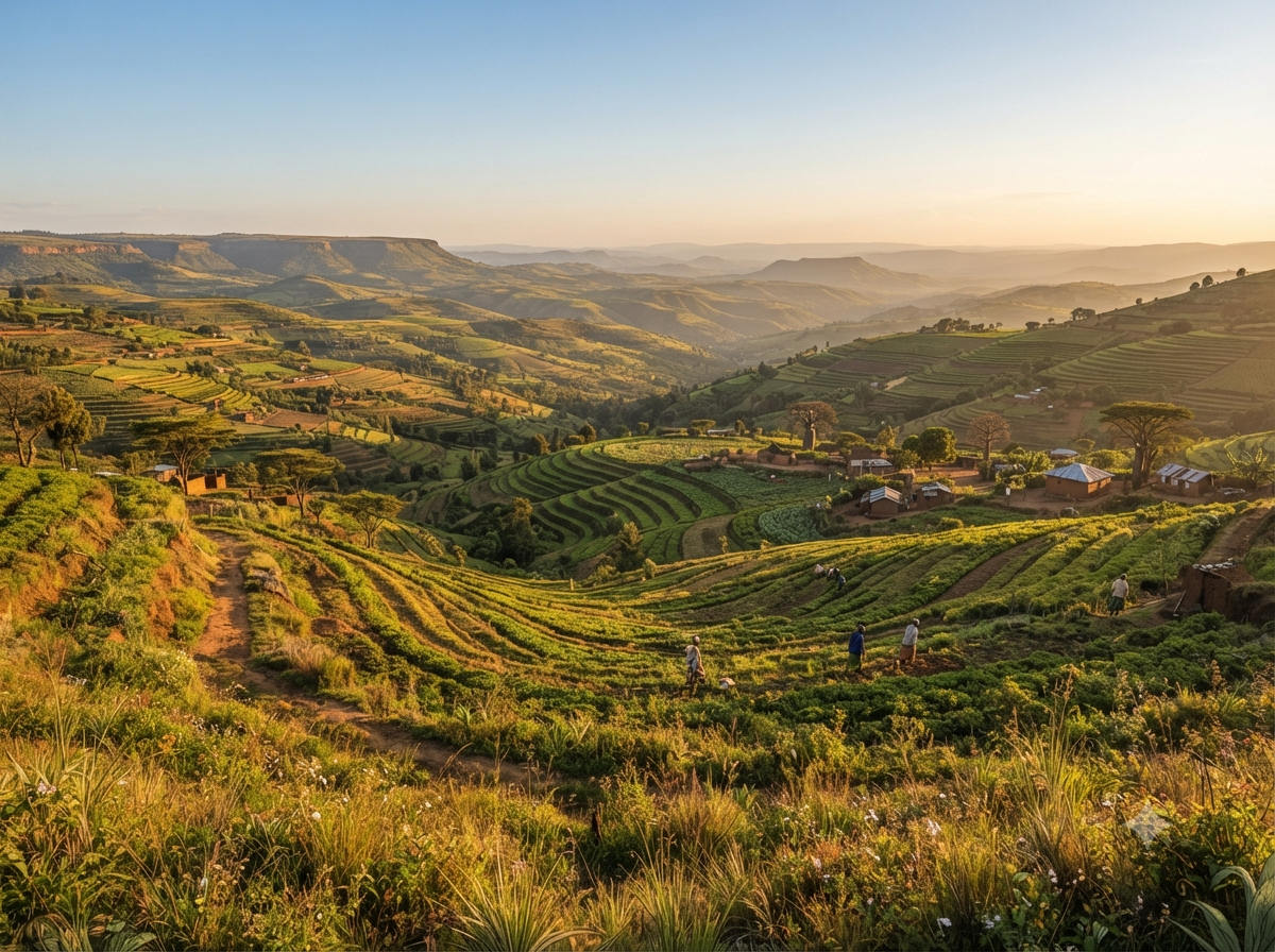 Collines cultivées en terrasses dans les hauts plateaux kényans