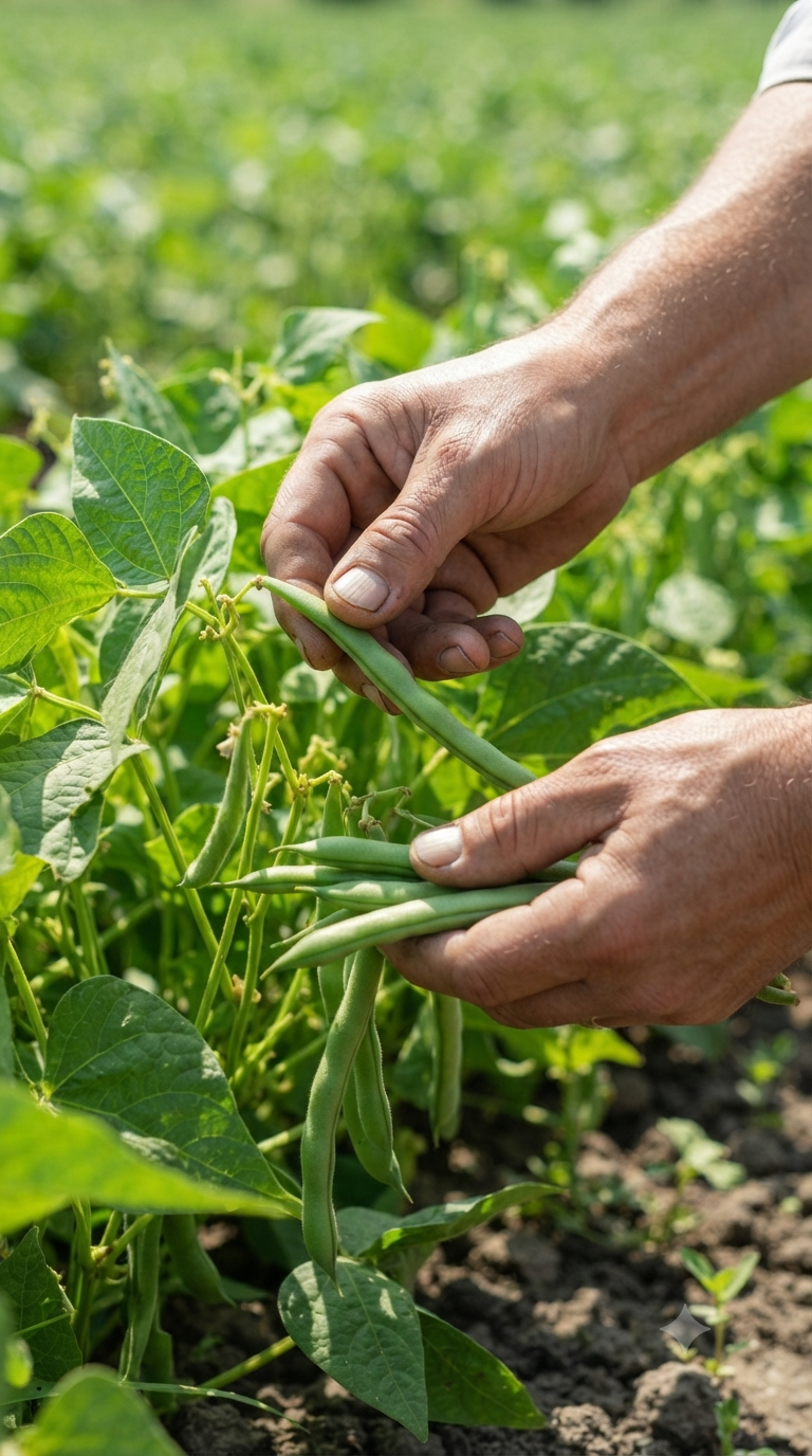 Mains récoltant des gousses de haricots frais dans un champ