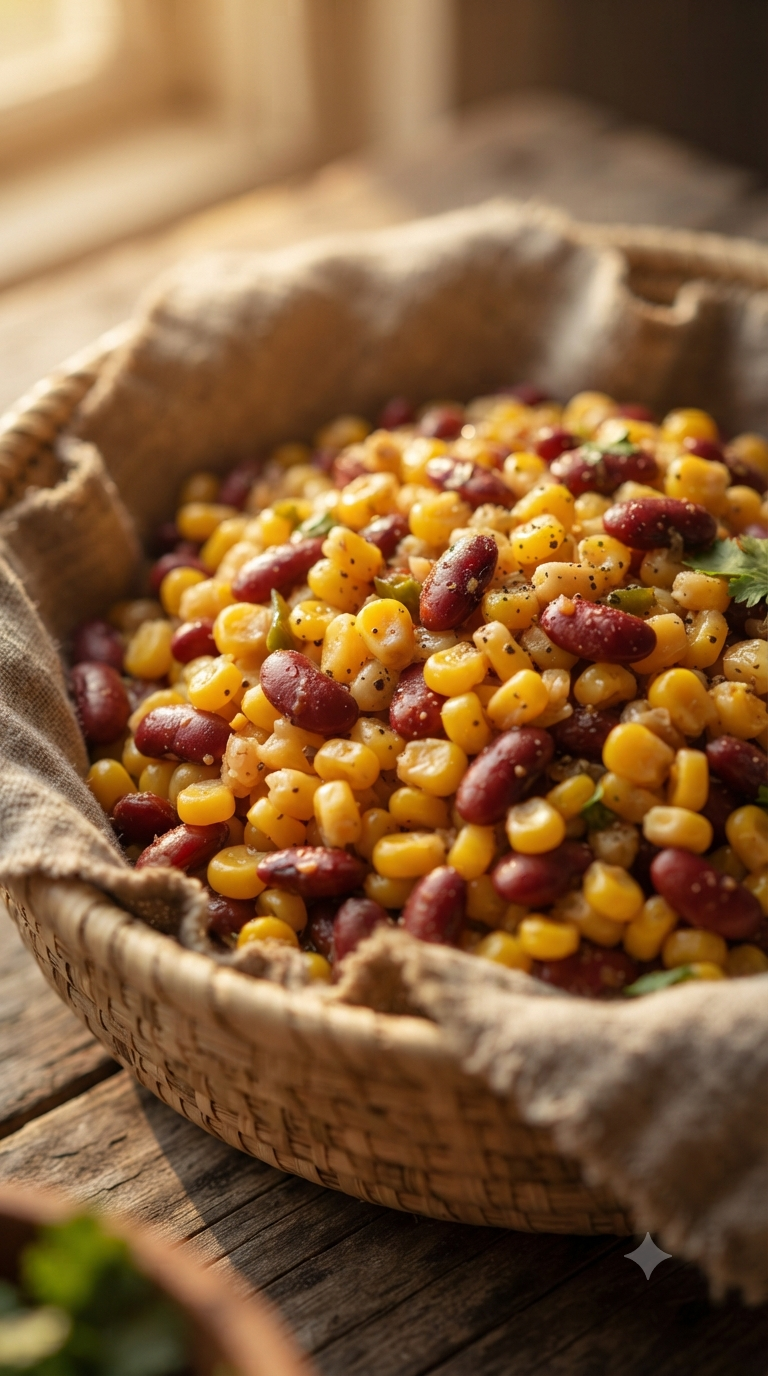 Gros plan sur la texture du githeri, grains de maïs et haricots rouges dans un panier tressé traditionnel
