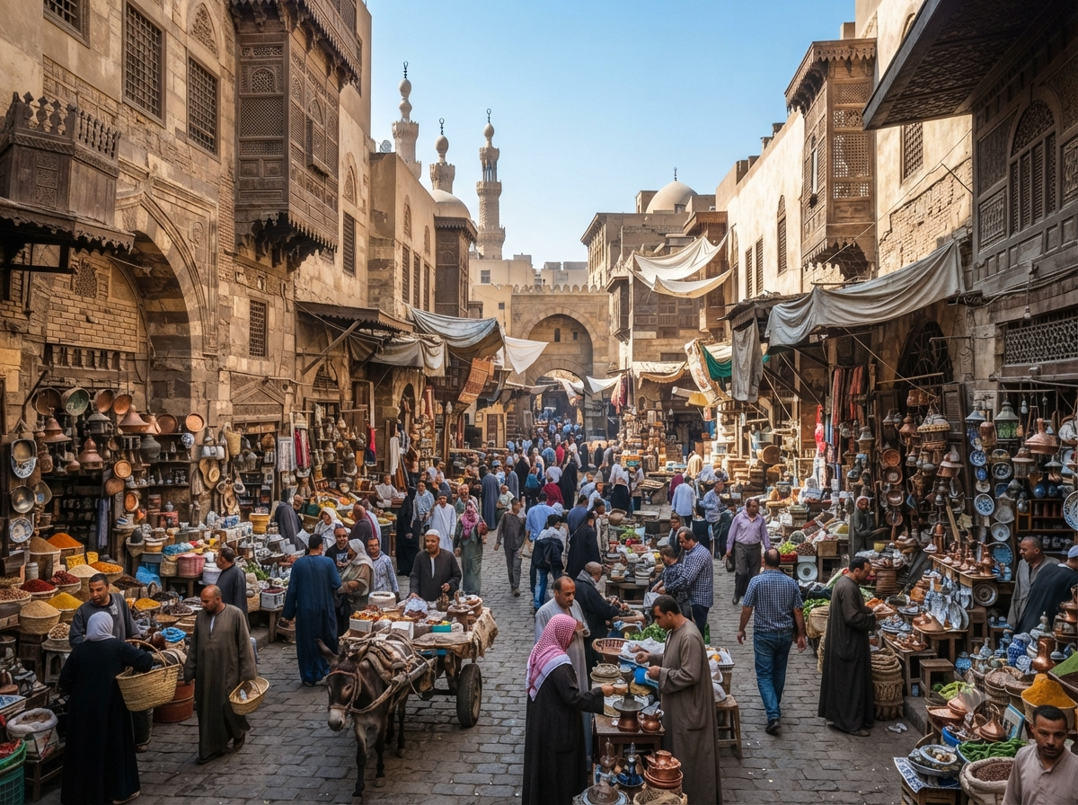 Marché animé du Caire avec échoppes traditionnelles