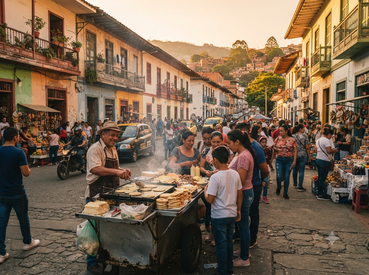 Rue animée de Medellín avec vendeur ambulant d’arepas