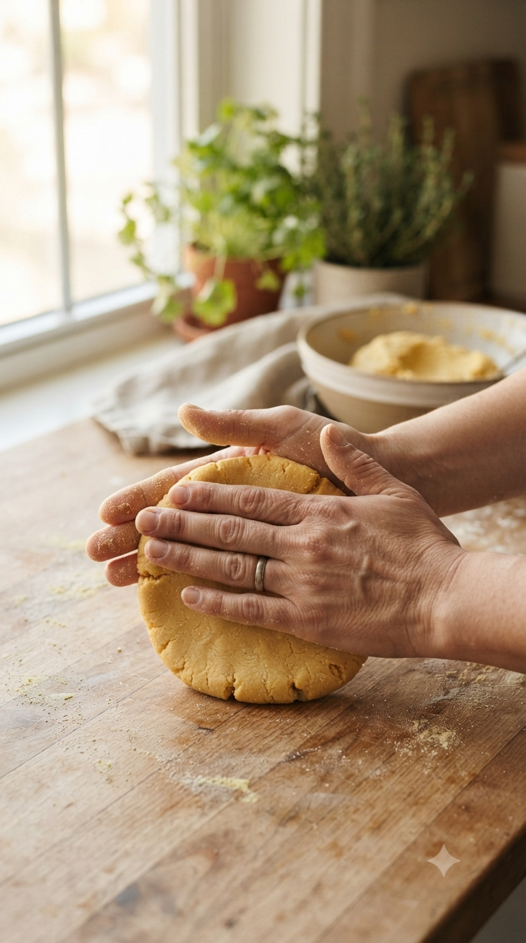 Mains façonnant une pâte de maïs en galette ronde et régulière