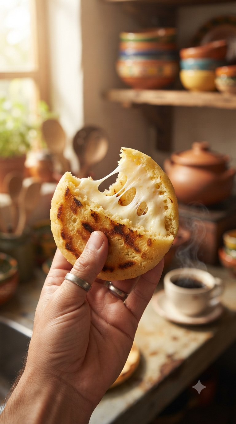 Main tenant une arepa dorée fendue en deux avec garniture de fromage fondant