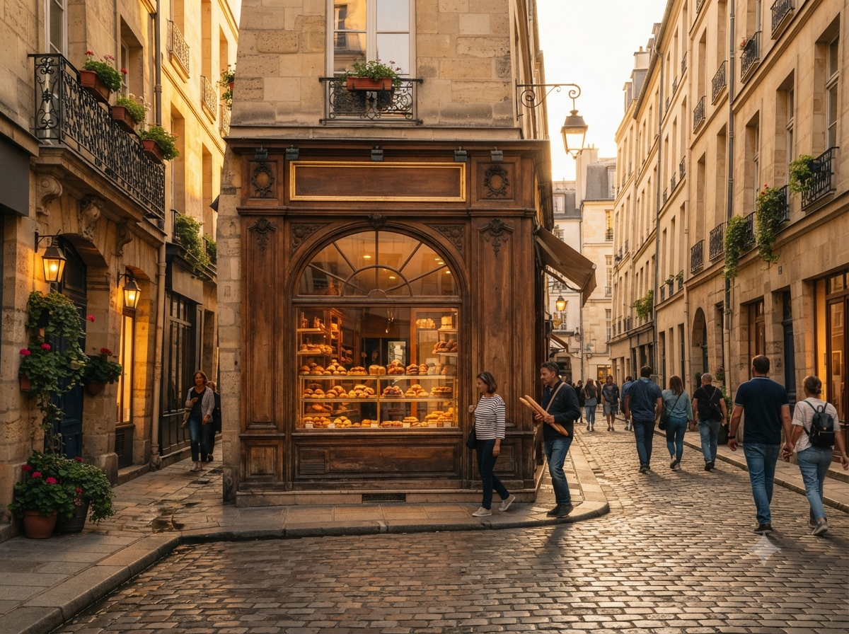 Rue pavée du quartier du Marais à Paris avec façade d'une pâtisserie ancienne