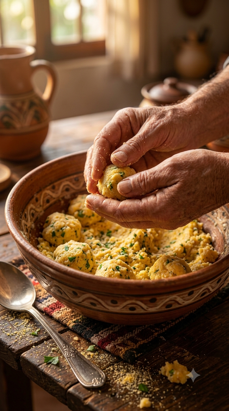 Mains façonnant de petites boulettes de semoule de maïs et fromage