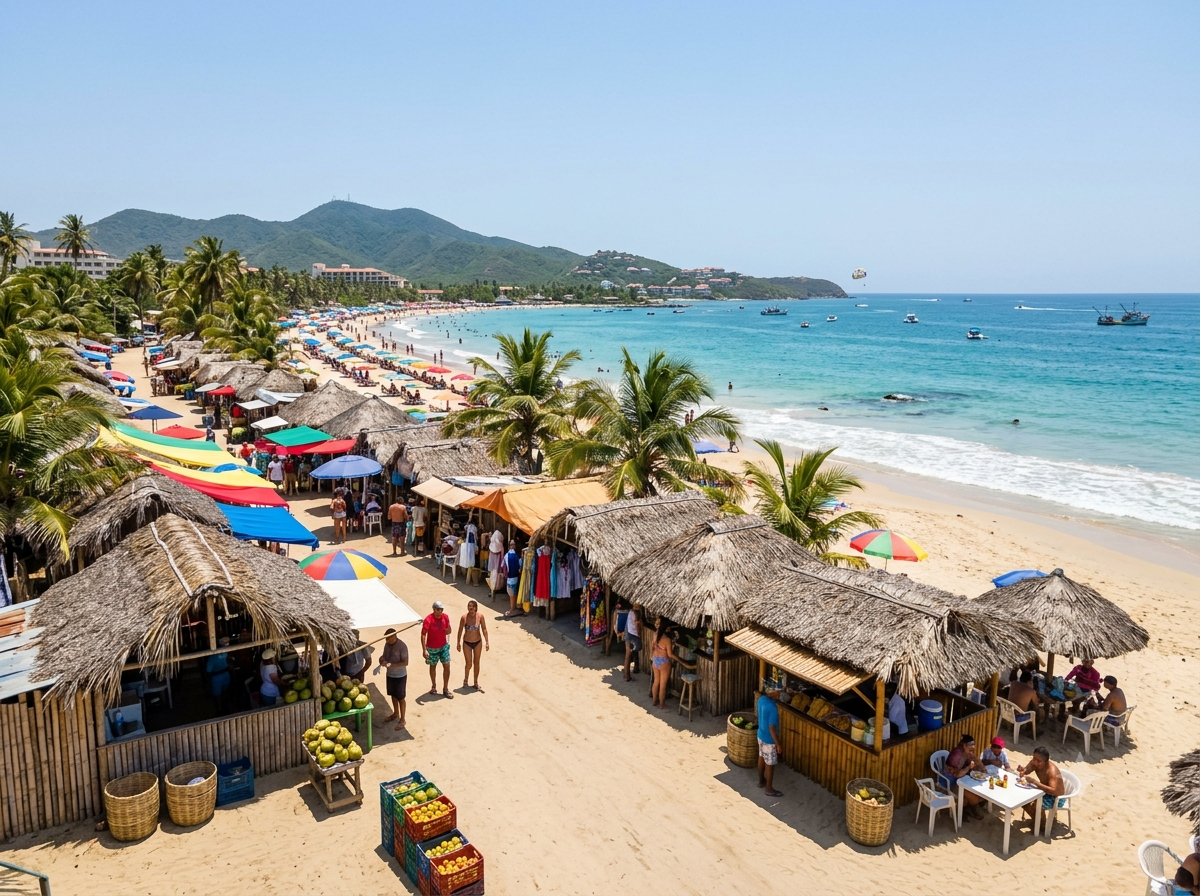 Plage de Margarita au Venezuela avec échoppes de rue