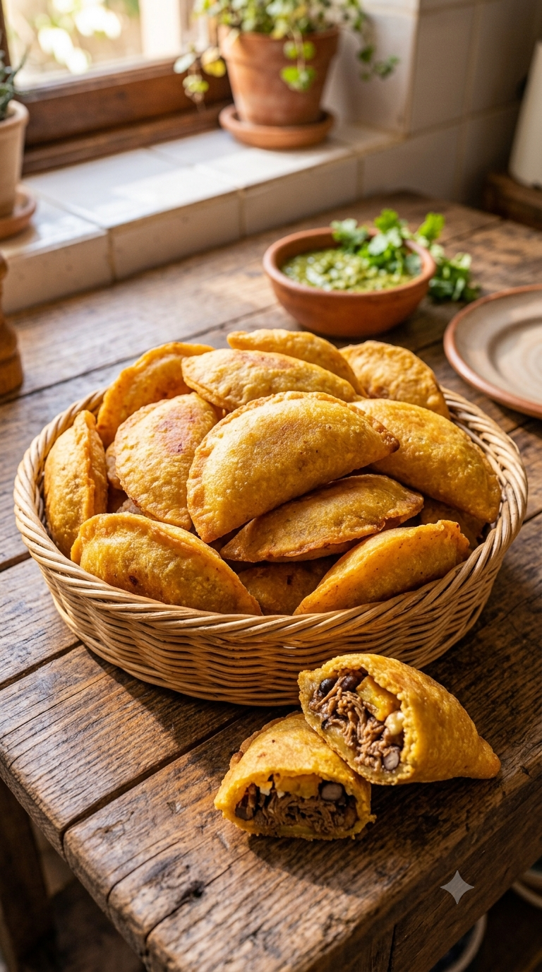 Empanadas vénézuéliennes dorées empilées dans un panier en osier