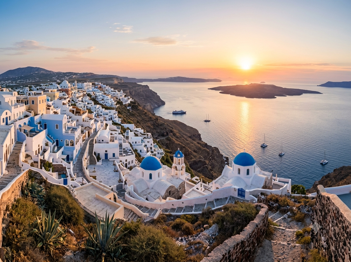 Village blanc et bleu des Cyclades avec vue sur la mer Égée