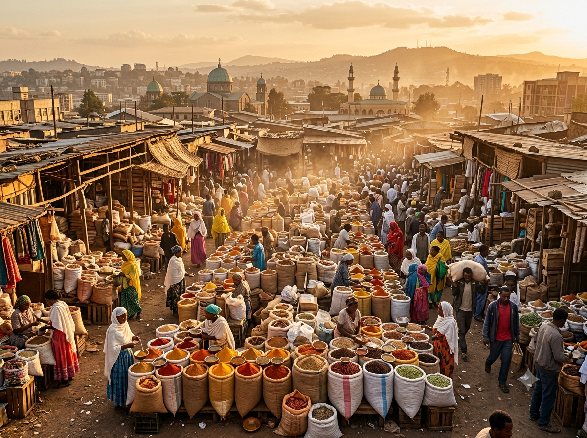 Marché aux épices d’Addis-Abeba avec sacs colorés en vrac
