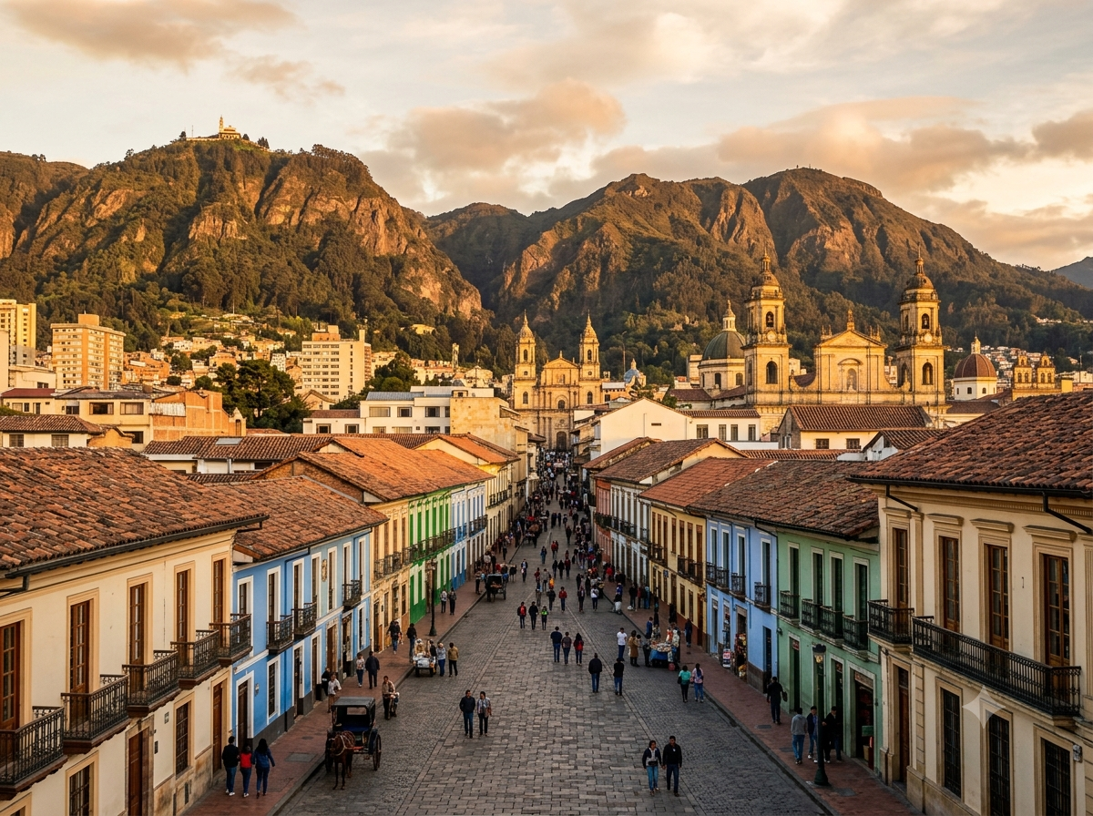 Centre historique de Bogota avec architecture coloniale colorée et montagnes en arrière-plan