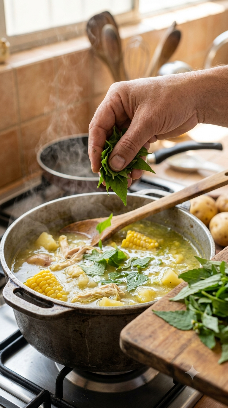 Main ajoutant des feuilles de guasca fraîches dans un bouillon mijotant