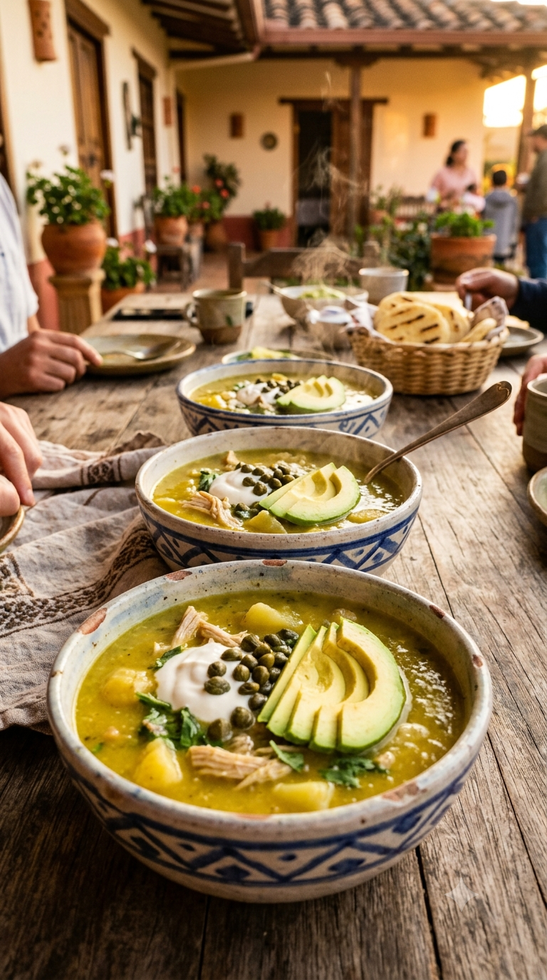 Bols en céramique traditionnelle colombienne remplis d’ajiaco fumant