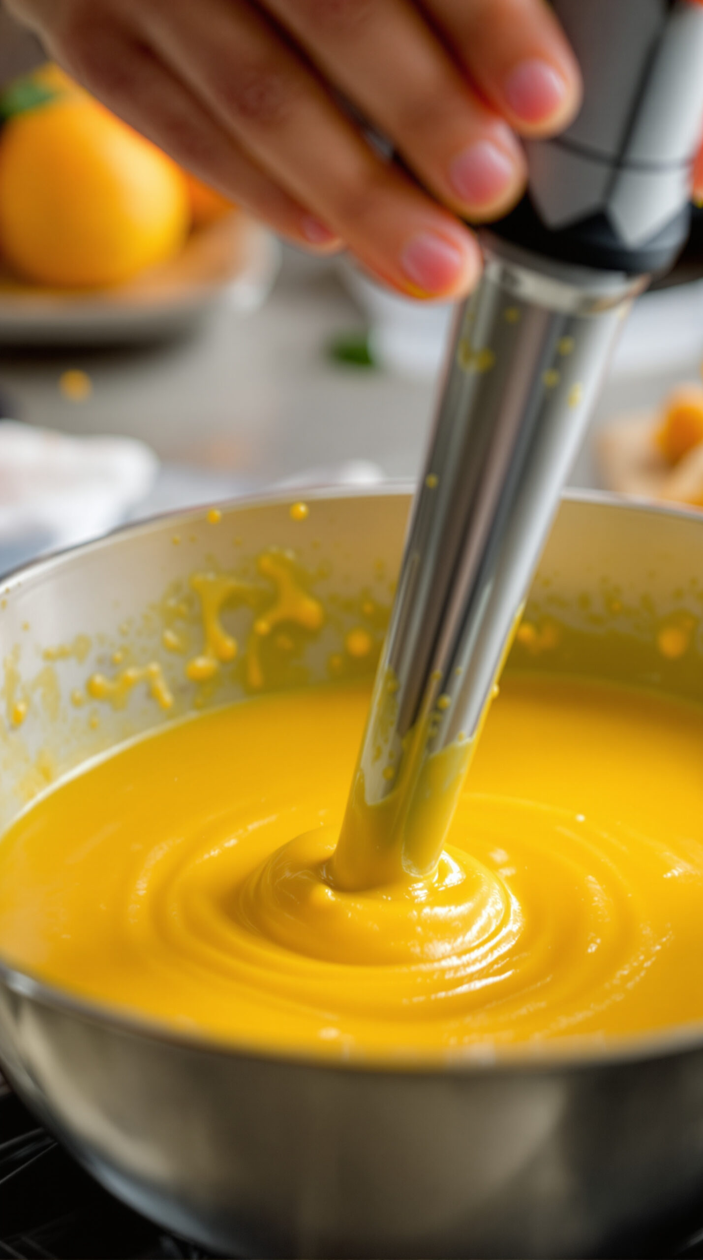 Mains actionnant un mixeur plongeant dans une sauce jaune épaisse