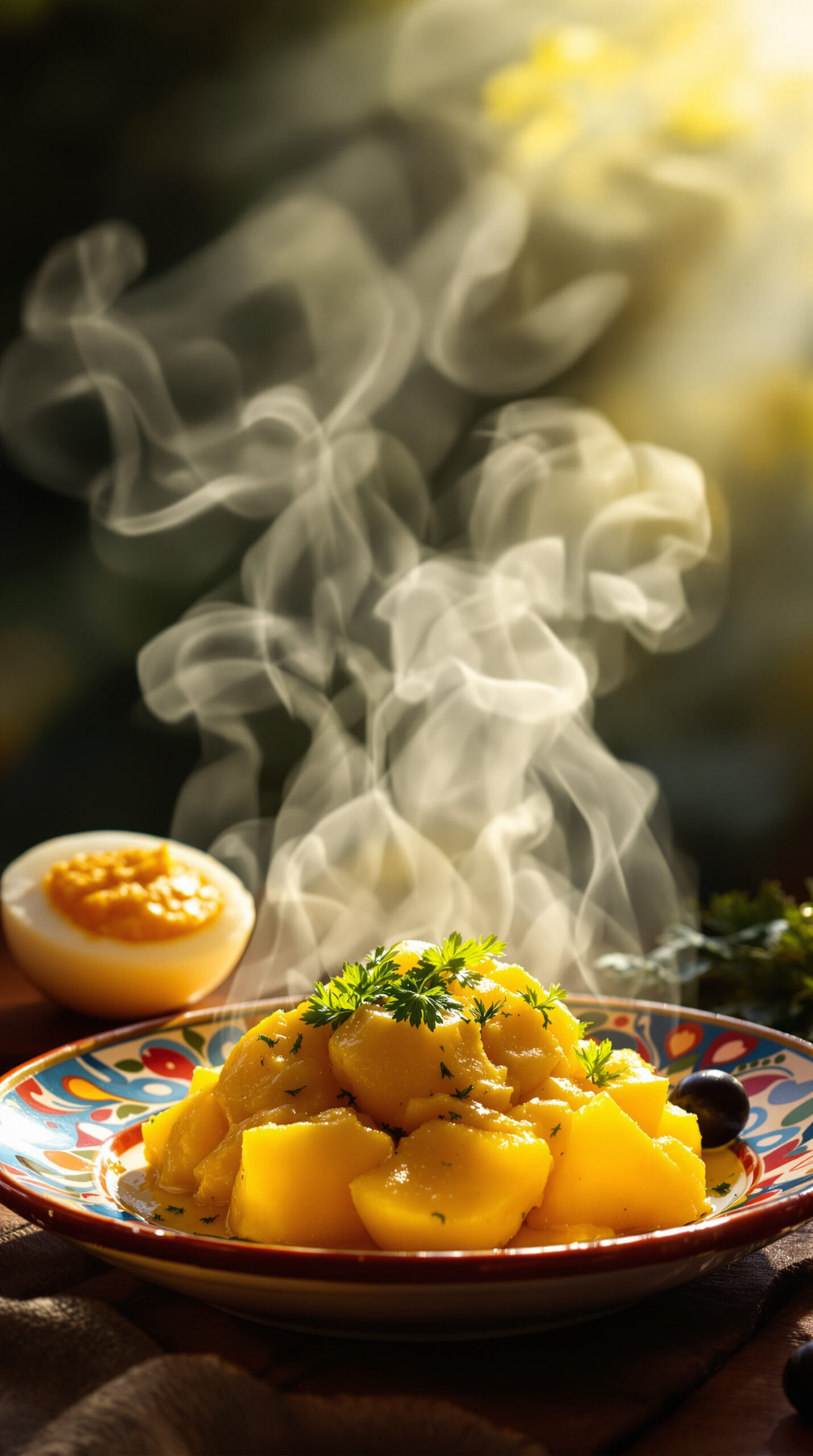 Pommes de terre nappées de sauce ocopa jaune vif sur une assiette en céramique andine peinte à la main