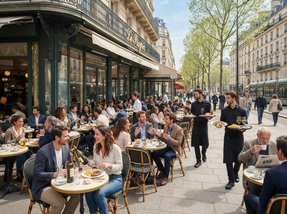 Terrasse de brasserie parisienne animée