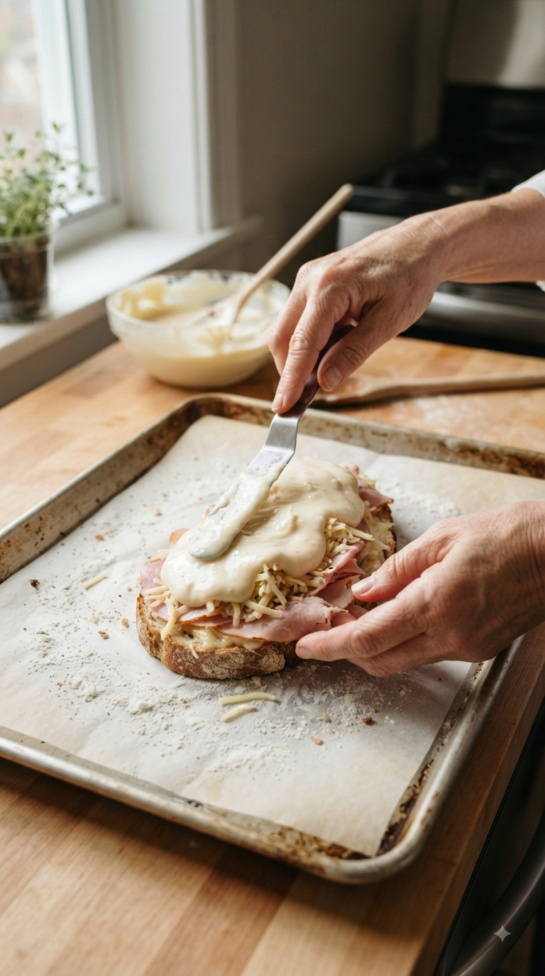 Mains étalant la béchamel sur le pain avant gratin