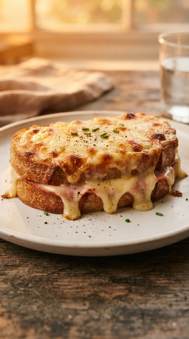 Croque monsieur gratiné, fromage fondant coulant sur les bords