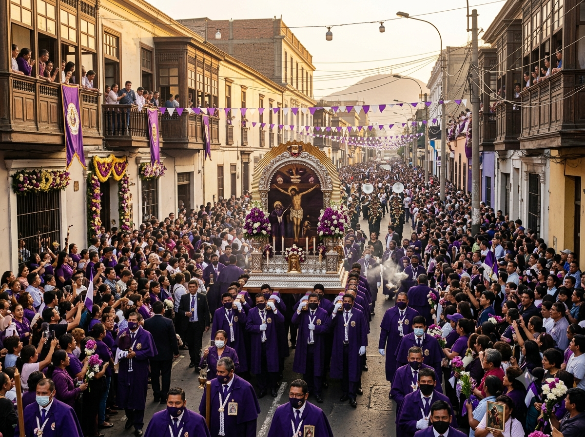Rue de Lima animée lors d’une procession religieuse d’octobre