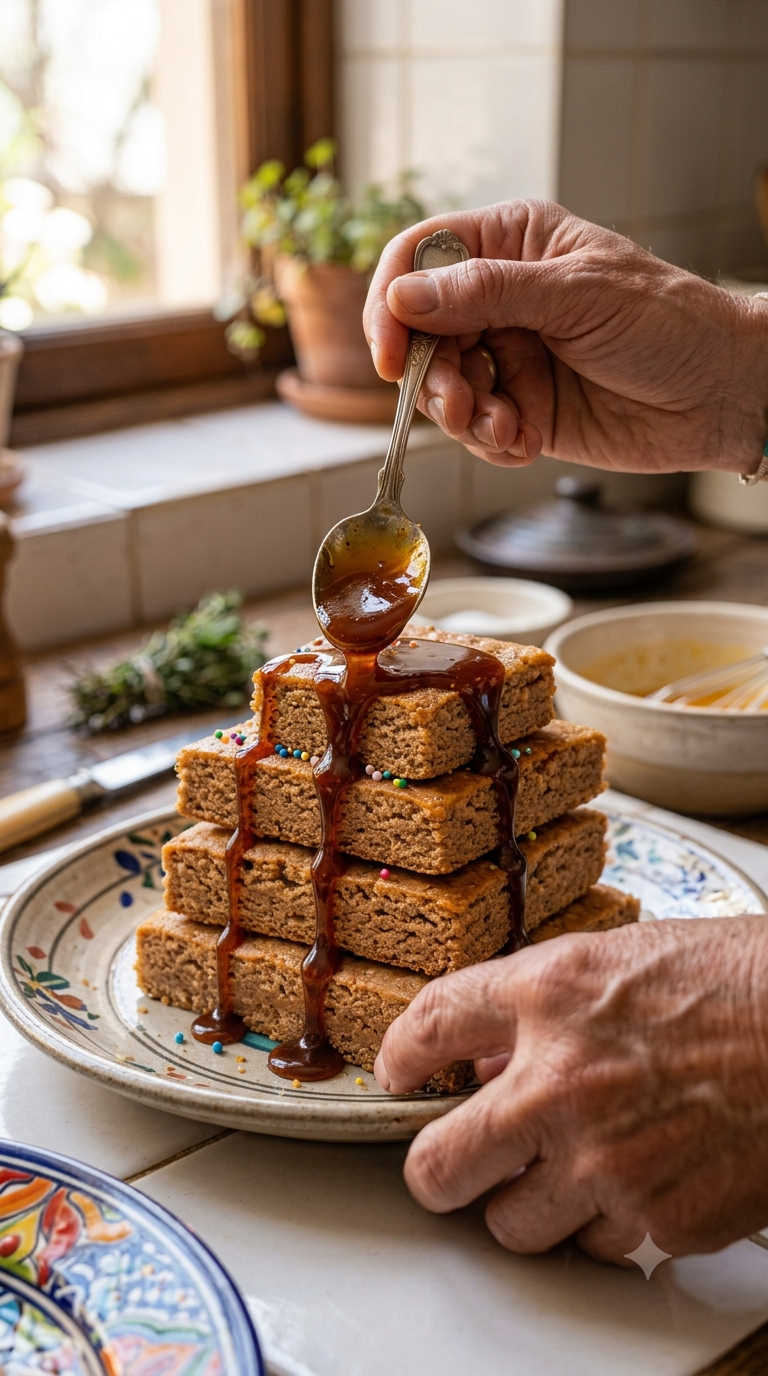 Main nappant une brioche d’un sirop foncé à l’anis à la cuillère