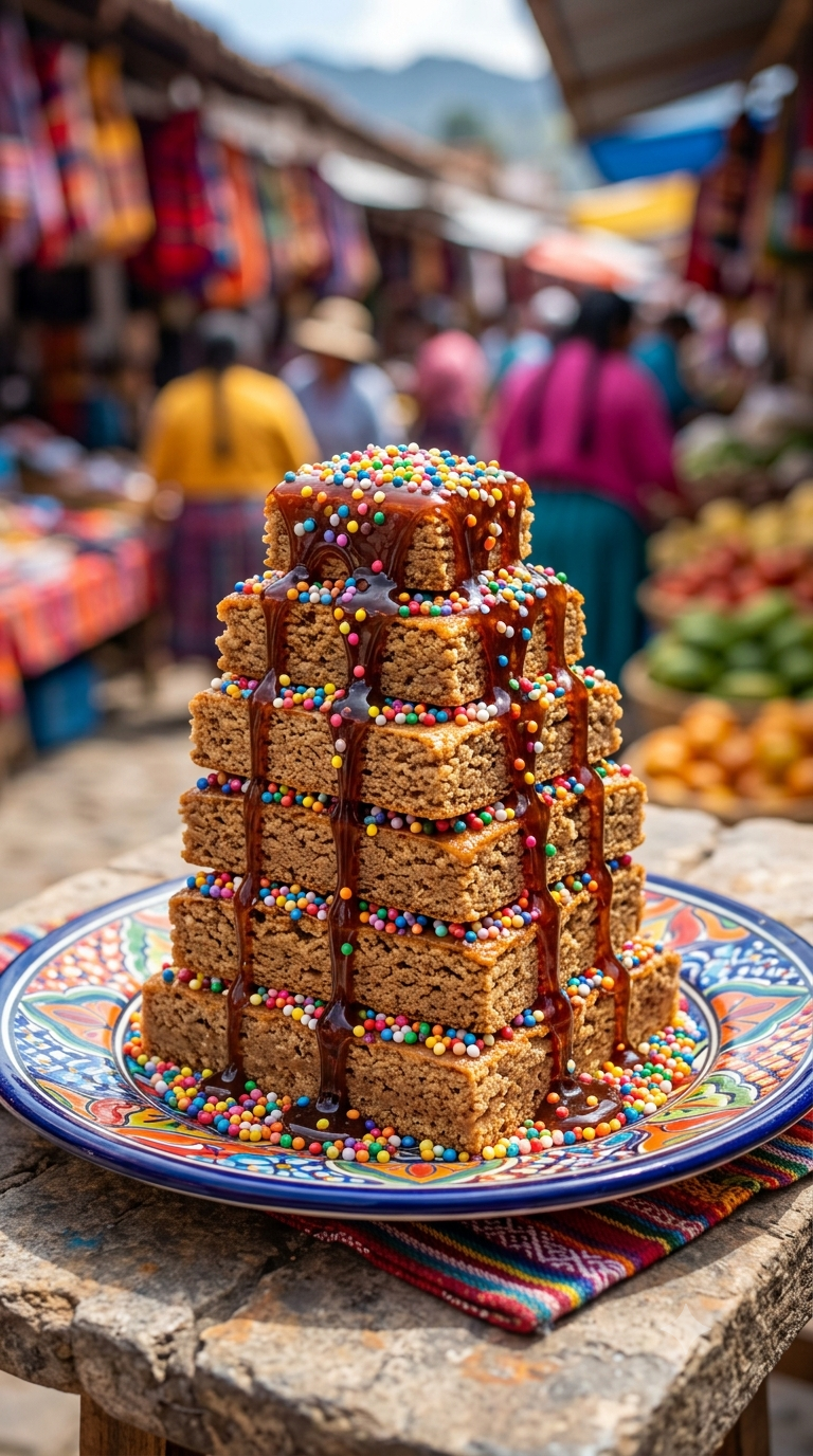 Nougat de Doña Pepa empilé, sirop foncé coulant