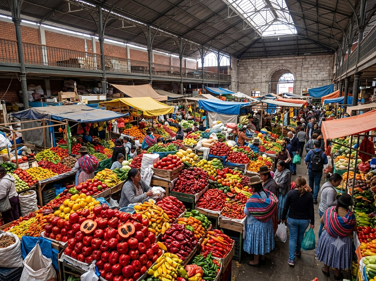 Marché coloré d’Arequipa avec étals de piments variés