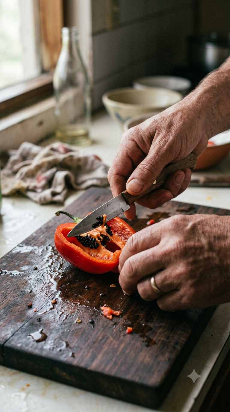 Mains épépinant un piment rocoto rouge sur une planche à découper