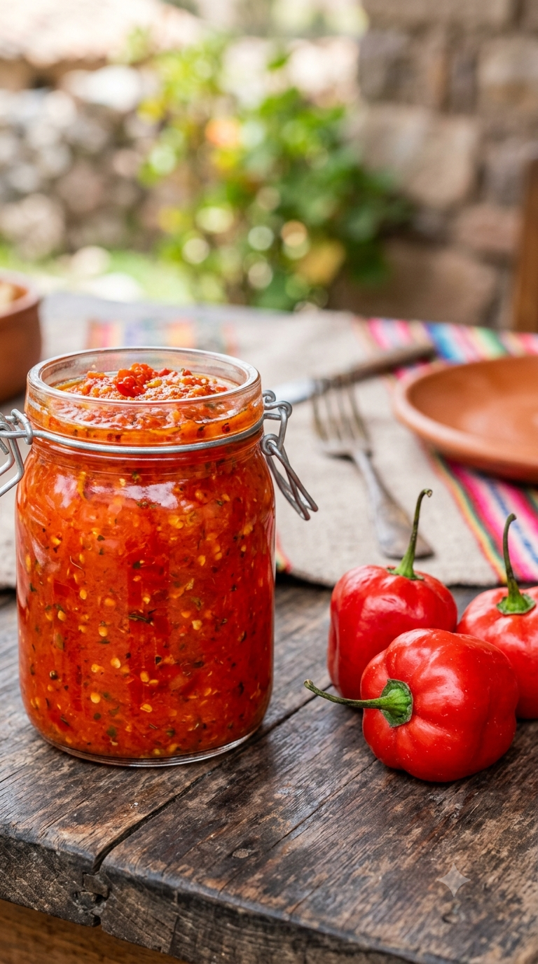 Sauce rocoto rouge vif dans un petit pot en verre traditionnel