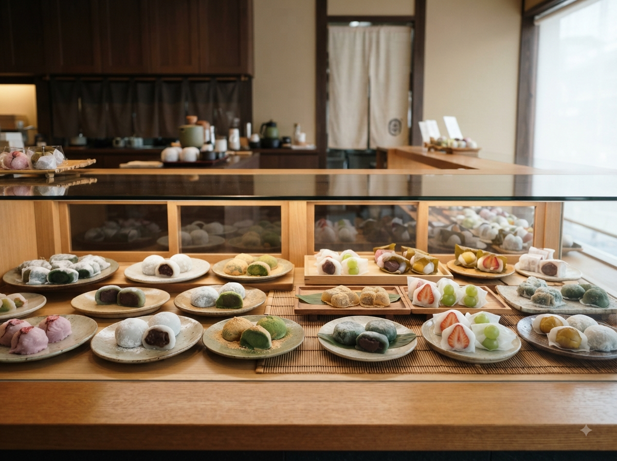 Pâtisserie japonaise traditionnelle avec vitrine de mochis colorés