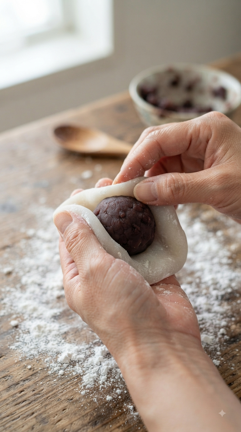 Mains enveloppant la pâte de mochi autour de la garniture