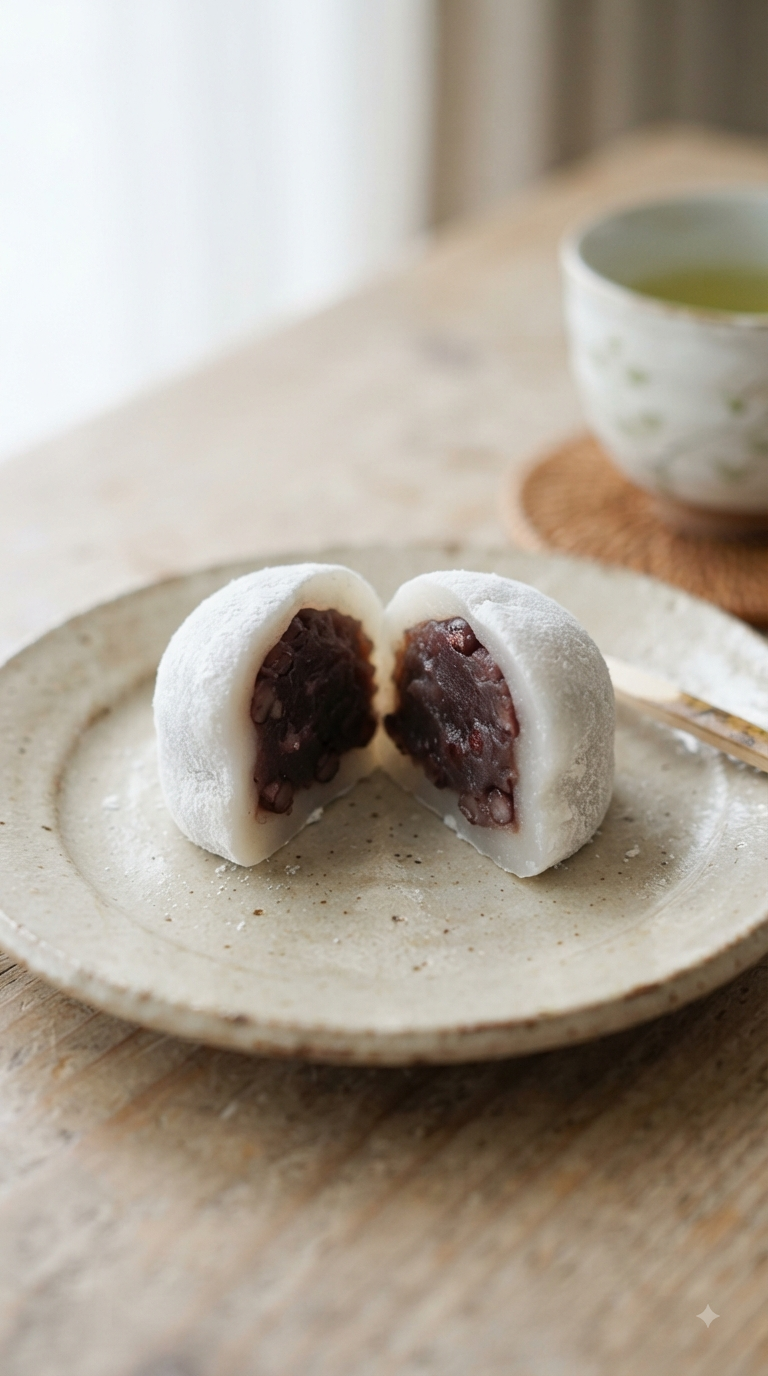Daifuku japonais coupé en deux révélant la pâte de haricots rouges