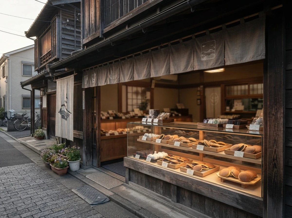 Petite pâtisserie japonaise traditionnelle avec dorayaki exposés en vitrine
