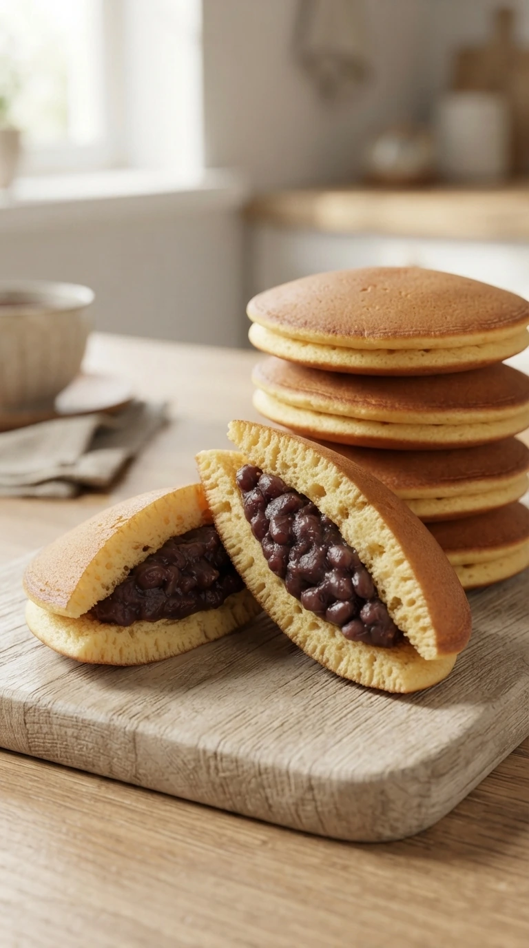 Dorayaki japonais empilés, l’un d’eux entrouvert laissant apparaître la pâte de haricots rouges