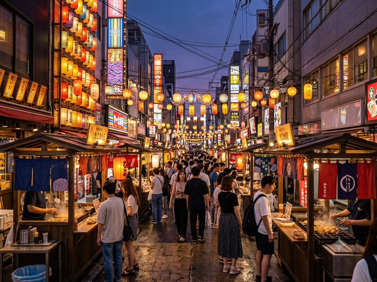 Rue animée d’Osaka avec étals de street food illuminés