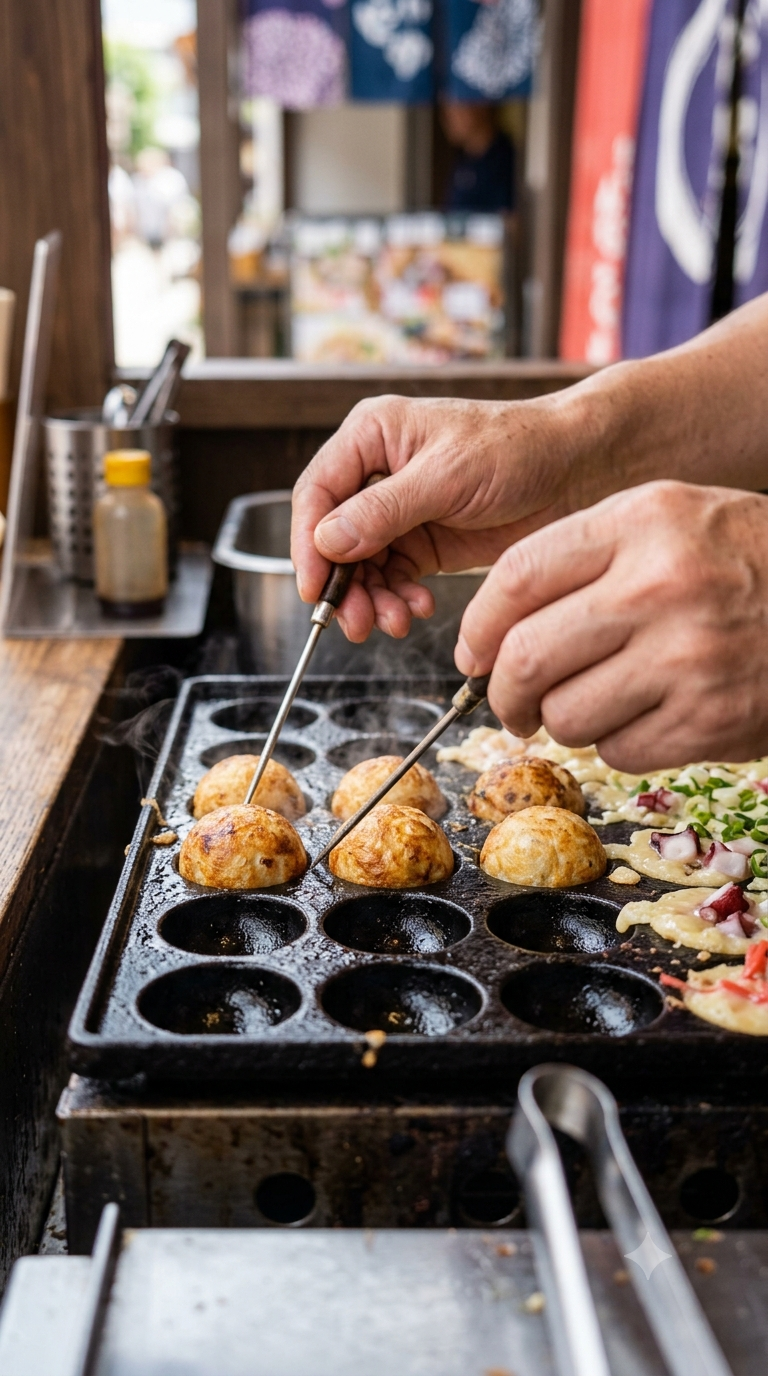 Mains retournant des boulettes de takoyaki à la brochette dans une plaque à empreintes rondes