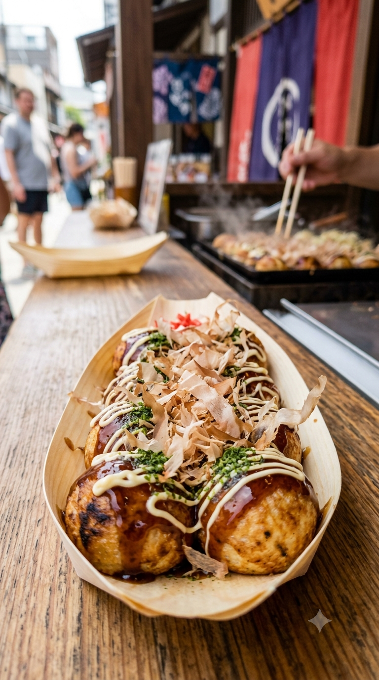 Takoyaki alignés dans une barquette en papier japonais