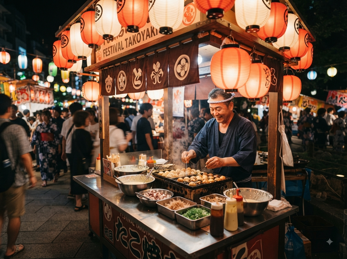 Stand de festival japonais éclairé de nuit