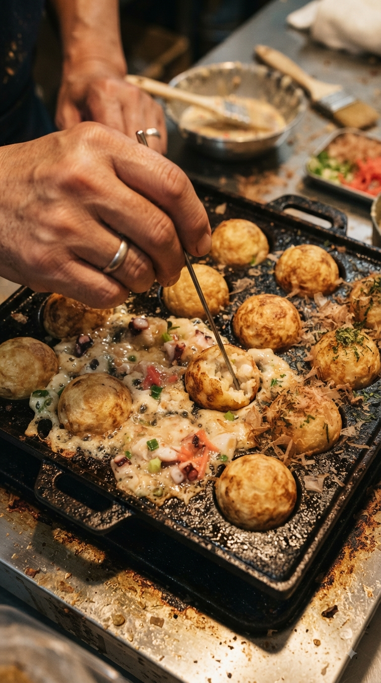 Mains retournant les boules de takoyaki avec une pique