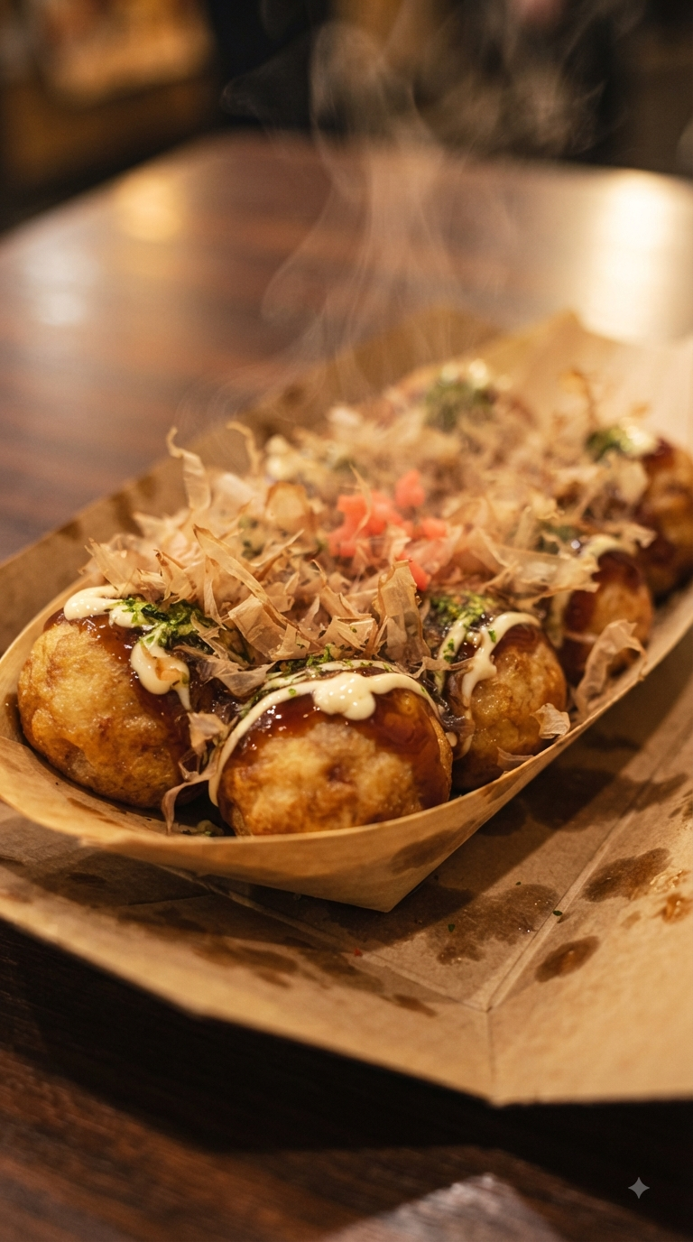 Takoyaki japonais fumants recouverts de sauce et de copeaux de bonite