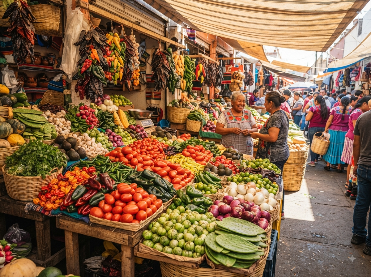 Marché mexicain avec étal de légumes colorés