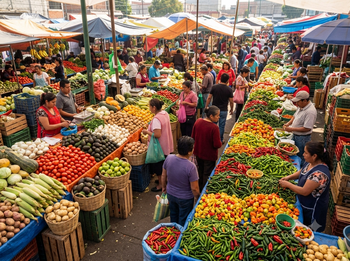 Marché coloré de Mexico avec étals de légumes frais et piments variés