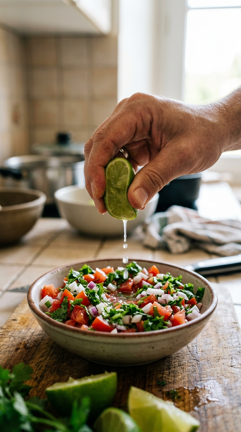 Main pressant un citron vert au-dessus d’un mélange de tomates, oignons et coriandre